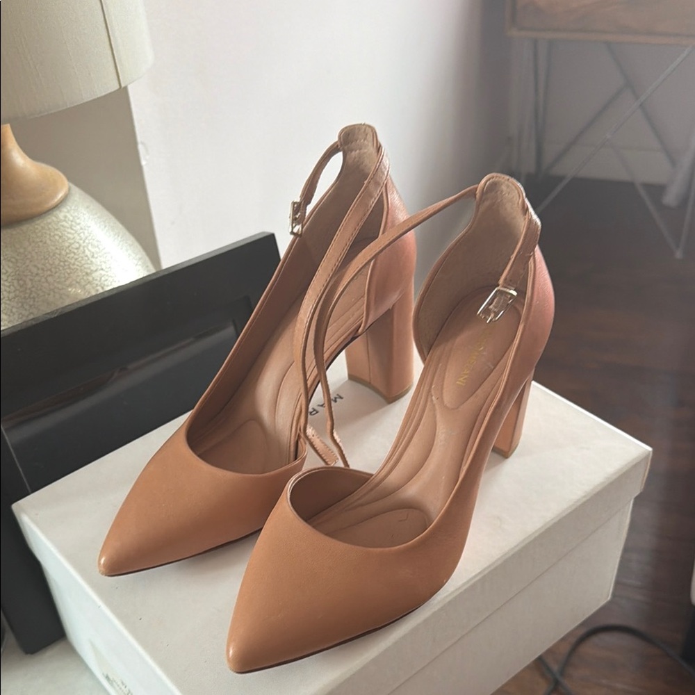 Classic Pointed-Toe Ankle-Strap Pumps in Tan